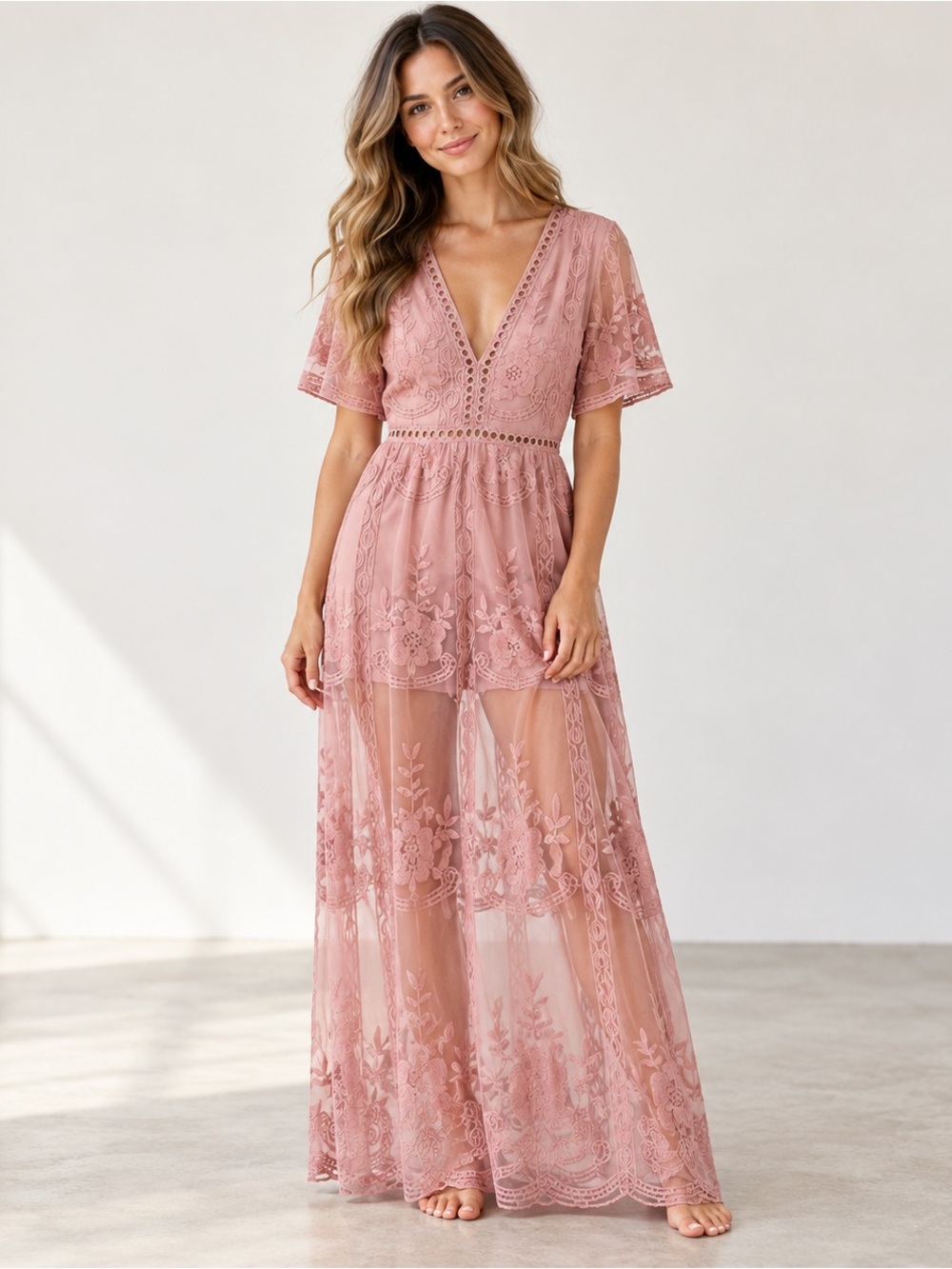 Wicky LS Romantic Dusty Rose Lace Maxi Shorts Romper with V-Neck & Side Slits